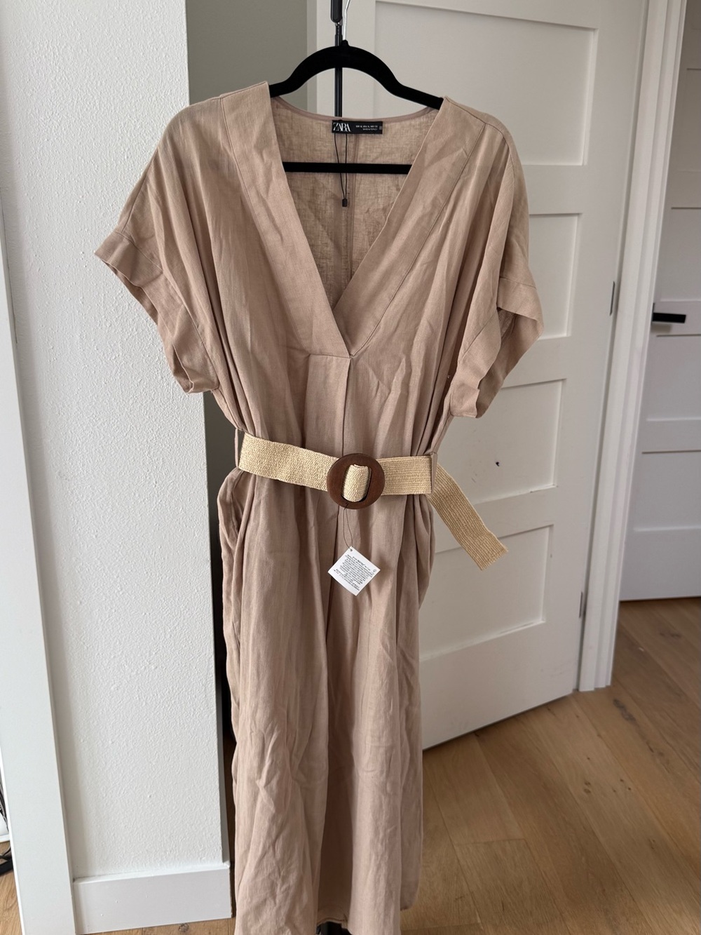 ZARA Neutral Beige linen Maxi Dress with Woven Belt